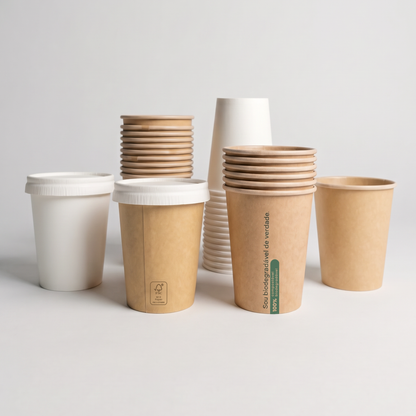 Grupo de copos biodegradáveis de 240ml com tampa branca