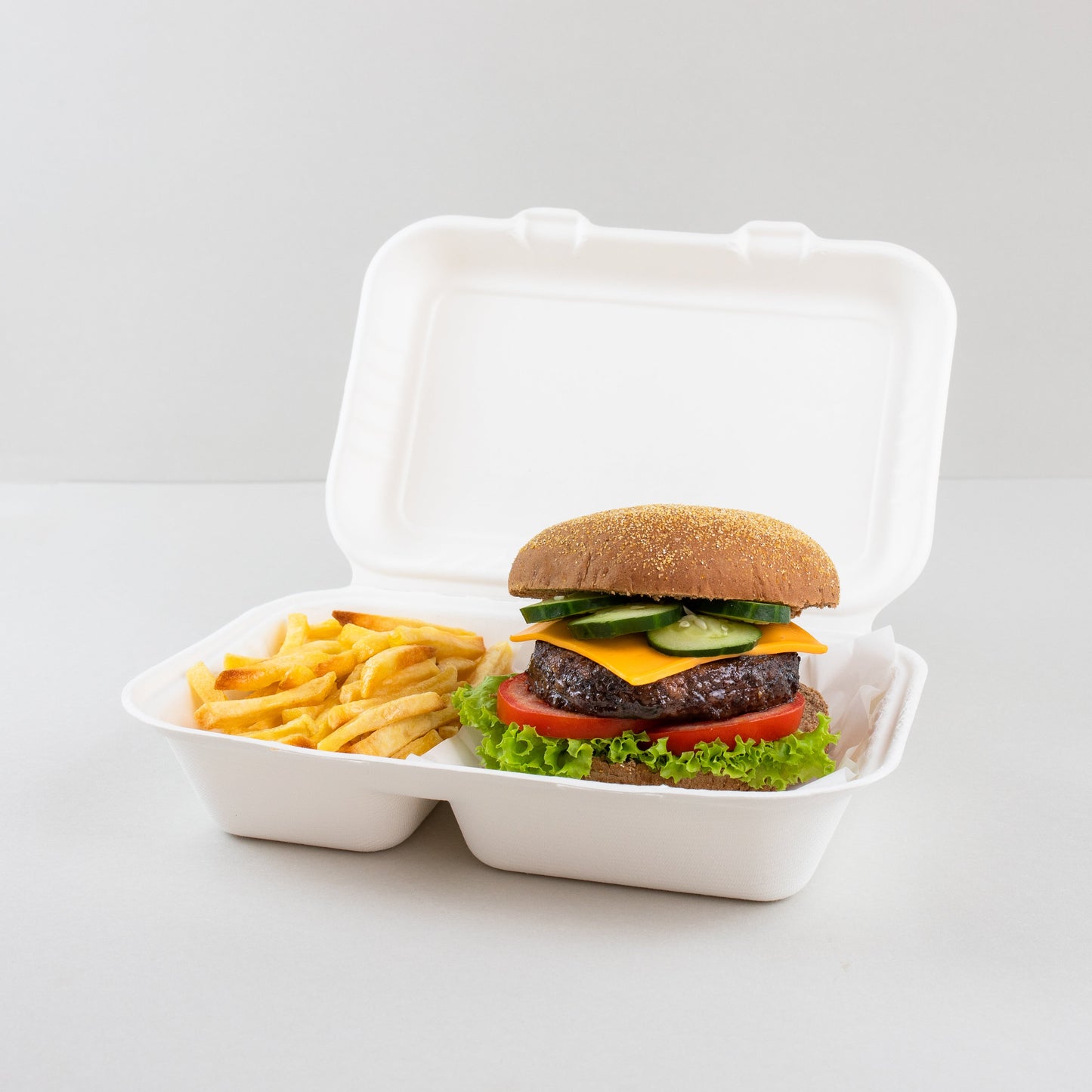 Hamburgueira biodegradável 950ml retangular c/ 2 compartimentos